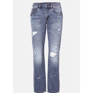 Cabi Distressed Denim Distressed Splatter Tapered leg medium wash Size 2